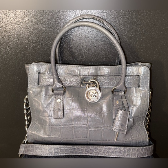 Michael Kors Hamilton gray crocodile embossed shoulder satchel purse - Picture 1 of 16